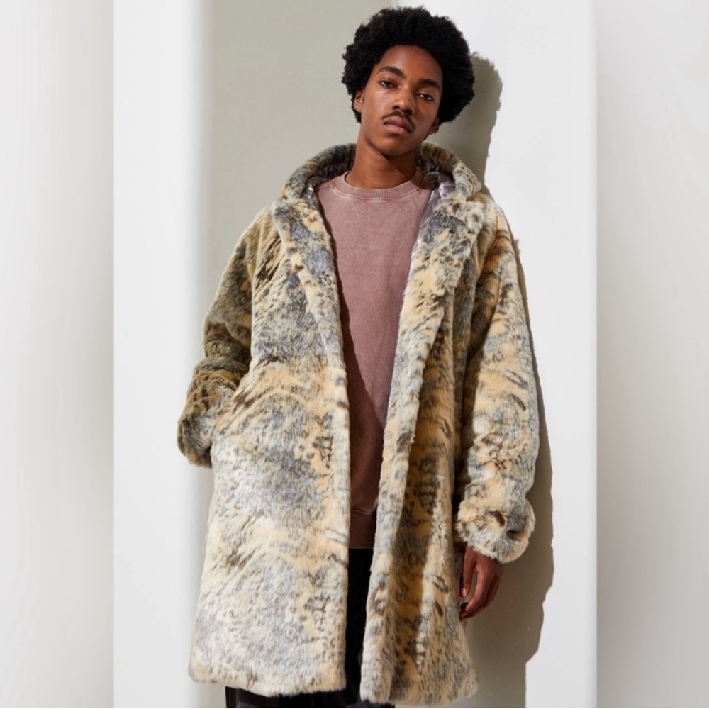 Men’s Faux Fur Coat in Gray and Cream Urban Outfitters